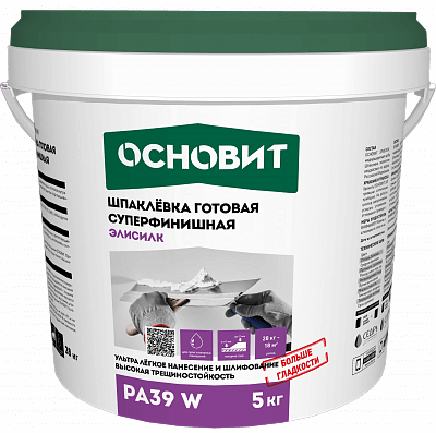ЭЛИСИЛК PA39 W (5 кг) шпаклевка готовая суперфинишная супербелая ОСНОВИТ. Толщина слоя 0-2 мм